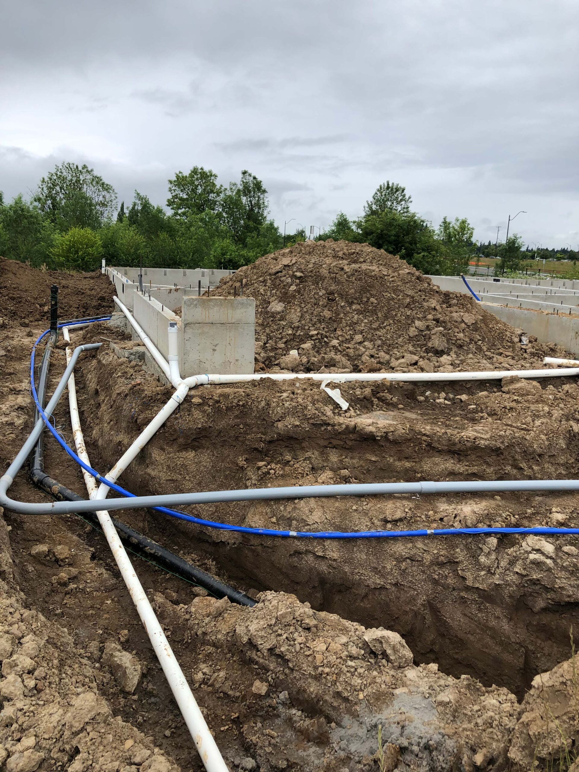 Blue electrical line and white sewer pipes in the ground in at construction site.