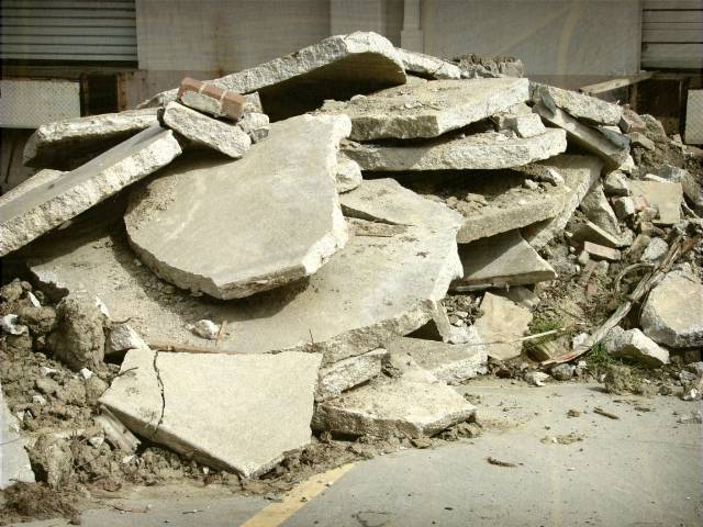 Pile of broken concrete on construction site